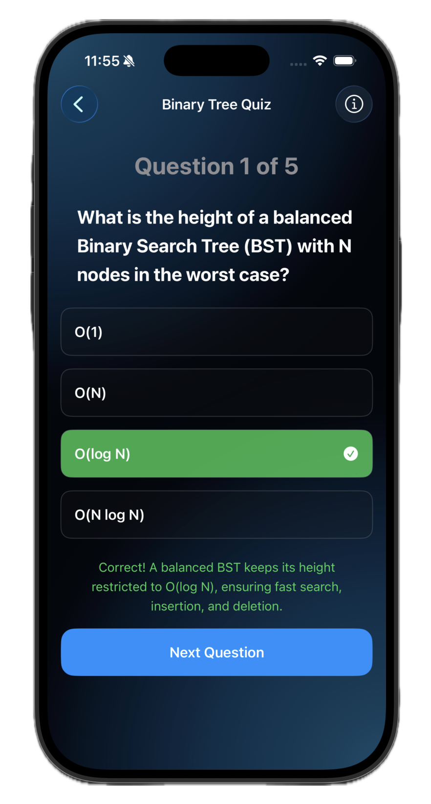 AI-generated quiz showing a Binary Tree question with correct answer highlighted